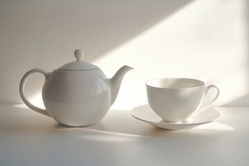 Leinwandbilder - A white tea kettle sits beside a matching cup on a clean surface, all bathed in gentle, warm light, creating a calm atmosphere. Generative AI