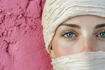 Portrait of a woman in a turban on the face of a young girl with a scarf. the concept of muslim people, beauty of the world