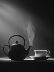 Poster - The tea kettle releases steam while resting next to an elegant cup on a table, softly lit in a warm and inviting atmosphere. Generative AI