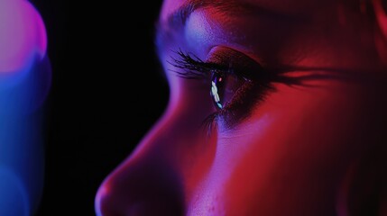 Canvas Print - Close-up of a person's eye illuminated with vibrant neon colors, showcasing emotional depth; ideal for artistic or psychological themes.