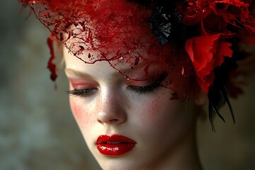 Canvas Print - Beautiful girl with creative red make - up in red tones