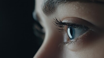 Canvas Print - Close-Up Eye Detail: Captivating blue eye with long lashes, highlighting emotion and depth, ideal for art and photography projects.