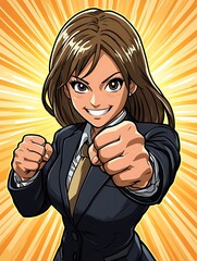 Canvas Print - Businesswoman in a suit showing fist up.