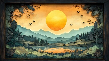 Fototapete - Charming empty papercut nature icon framed by a rustic paper frame featuring subtle textures and earthy tones reflecting the beauty of a spring landscape filled with life and growth