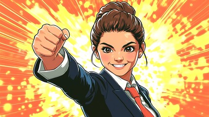 Canvas Print - Businesswoman in a suit showing fist up.