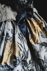 Poster - Elegant Historical Dress: Rich floral patterns in black, white, and gold, featured against a dark background; ideal for fashion history references.