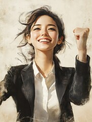 Canvas Print - Businesswoman in a suit showing fist up.