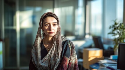 Poster - Portrait of a Woman in a Hijab with Natural Light, Reflecting Modern Azerbaijani Culture; Ideal for Cultural and Diversity Themes