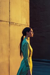 Wall Mural - Stylish profile of a woman in a bright yellow dress against a textured wall during golden hour, ideal for fashion or lifestyle branding.