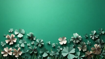 Poster - Charming flat lay design for St Patrick's Day featuring stylized paper art clovers arranged playfully on a vibrant green backdrop leaving a blank area for holiday wishes