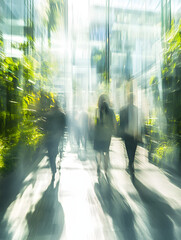 Abstract long exposure motion crowd business people walking commercial centre corporate green office in modern city lobby. Green sustainability natural light indoor plants garden environment