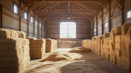 Wall Mural - An expansive barn interior featuring well-organized stacks of hay, with loose hay strewn about, illuminated by natural light from the windows