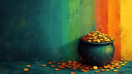 Poster - Charming illustration of a pot filled with gold coins positioned at the end of a colorful rainbow all beautifully placed on a simple green background with space left for text or greetings