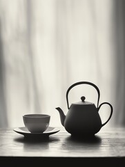 Aufkleber - A tea kettle and cup rest quietly on a table, illuminated by soft natural light filtering through sheer curtains, inviting relaxation. Generative AI