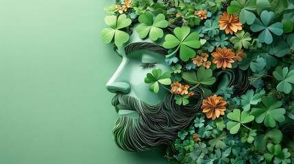 Poster - Charming illustration of Irish man's face crafted in paper art style adorned with vibrant clovers and delicate flowers set against a light green background with ample copy space for St Patrick's Day
