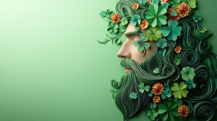 Poster - Charming illustration of Irish man's face crafted in paper art style adorned with vibrant clovers and delicate flowers set against a light green background with ample copy space for St Patrick's Day