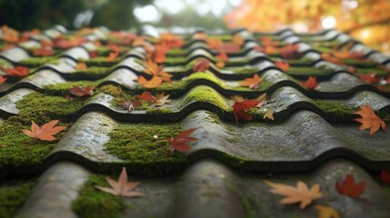 Wall Mural - Autumn leaves scattered over moss-covered roof tiles, a natural and serene seasonal composition