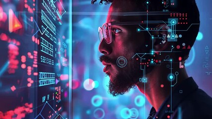 Leinwandbilder - An individual stands intently studying a digital display filled with data and graphical elements, surrounded by vibrant colors in a contemporary setting.