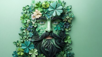 Poster - Charming illustration of Irish man's face crafted in paper art style adorned with vibrant clovers and delicate flowers set against a light green background with ample copy space for St Patrick's Day