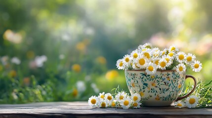Fototapete - Charming scene featuring a delicate cup filled with fresh chamomile flowers resting on a rustic wooden table in a vibrant garden capturing the essence of spring with ample space for text