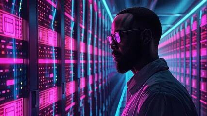 Fototapete - An individual stands in a futuristic data center, engaging with illuminated server racks. The atmosphere is filled with neon lights reflecting the complexity of modern technology.