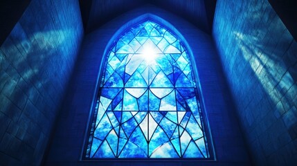 Fototapete - Blue stained glass window with a geometric design in a church
