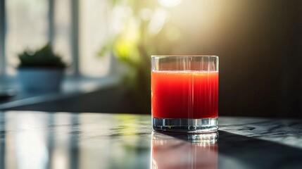 A glass of vibrant red juice on a marble countertop