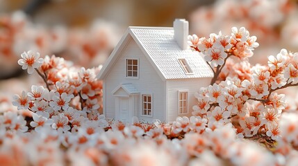 Poster - charming white toy house surrounded blooming cherry flowers set against a soft abstract spring backg
