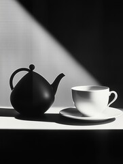 Canvas Print - A black kettle and a white cup are placed on a table, beautifully highlighted by soft, natural light, suggesting a peaceful morning. Generative AI