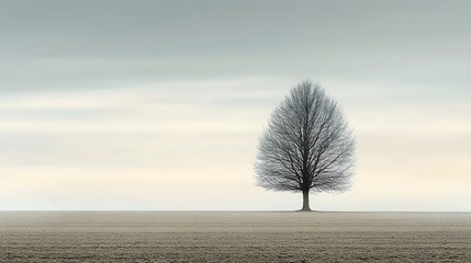 A solitary tree stands in a serene field, showcasing a minimalist landscape in soft hues of gray and blue, evoking a peaceful and contemplative atmosphere.