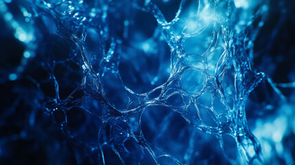 Poster - A close-up view of intricate blue microscopic structures resembling interconnected neural networks in a dynamic environment