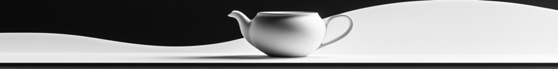 Canvas Print - A white tea kettle sits atop a minimalist shelf next to a delicate cup, creating a tranquil ambiance perfect for afternoon tea. Generative AI