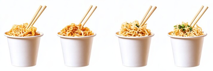 Wall Mural - Cup of noodles with chopsticks, isolated on a clean white background, showcasing a simple yet appetizing meal ready to enjoy.