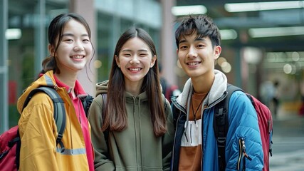 Poster - A group of three students stands in a school courtyard, smiling and enjoying their time together. They wear colorful jackets, illustrating a lively atmosphere.