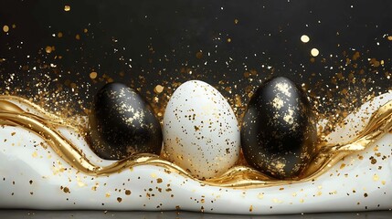Fototapete - Classy Easter holiday banner showcasing white and black eggs with glossy golden liquid flowing around scattered confetti and a clean space for text or greeting message Elegant and festive design