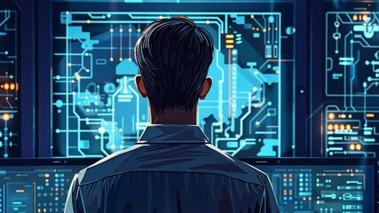 Leinwandbilder - The individual stands in front of multiple high-tech screens, focusing on vibrant digital data and graphics. The environment is dark, emphasizing the glowing monitors.