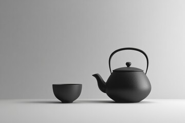 Aufkleber - A black tea kettle sits next to a matching cup, creating a calm and inviting atmosphere perfect for enjoying a warm beverage. Generative AI