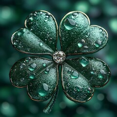 Poster - closeup view of a glittering dark green shamrock layered with sparkling elements set on a clean mini
