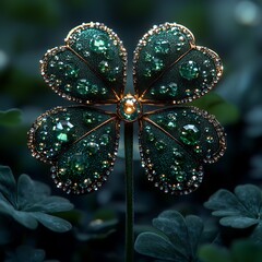 Poster - Closeup view of a glittering dark green shamrock layered with sparkling elements set on a clean minimalistic background embodying the festive spirit of St Patrick's Day in an abstract style