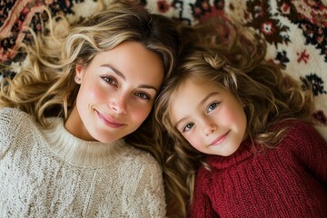 Overhead view of a mother and her daughter lying on the floor, Generative AI