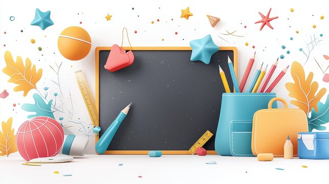 A bright and inviting back-to-school illustration featuring a chalkboard background with colorful illustrations of educational tools like a ruler, eraser, and pencil case, perfect for classroom decor.
