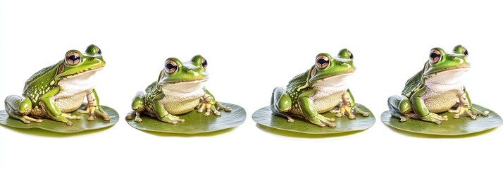 Wall Mural - Green frog resting on a lily pad, tranquil aquatic scene, isolated on white background, showcasing vibrant colors and serene nature.