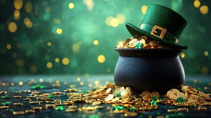 Poster - Creative 3D design of a black pot overflowing with sparkling gold coins next to a whimsical leprechaun hat all set against a vivid green background with space for your message