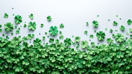 Wall Mural - Creative flat lay arrangement showcasing an abstract St Patrick's Day theme with green paper clover leaves and colorful confetti on a pristine white background perfect for festive celebrations