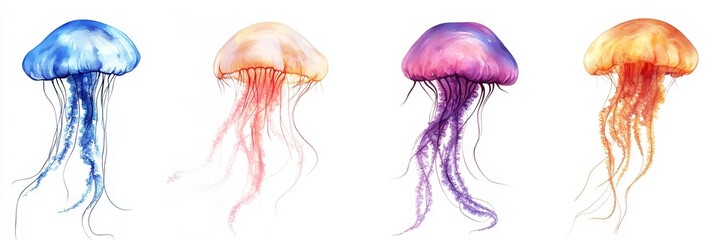 Wall Mural - Graceful jellyfish, long tentacles flowing, isolated against a white background, showcasing its ethereal beauty and delicate form.
