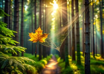 Canvas Print - A leaf glimmers in sunlight, caught on a spider's thread within a serene pine forest. Macro photography reveals nature's tranquil beauty and intricate details, inviting calmness.