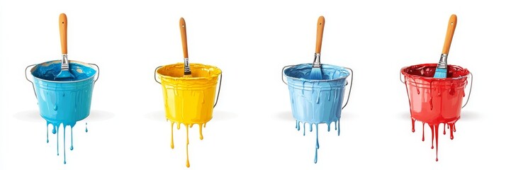 Wall Mural - Colorful paint bucket with a brush, vibrant paint dripping, isolated on a clean background, perfect for creative projects and artistic themes.
