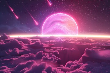 Wall Mural - pink planet with shooting stars over cloud covered landscape