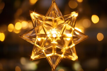 Poster - Intricate snowflake-like shapes glow softly with warm light, casting a cozy ambiance in a festive setting during the winter season. Generative AI