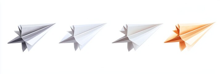 Wall Mural - Paper airplane soaring gracefully through the air, isolated against a bright white background, capturing the essence of flight and imagination